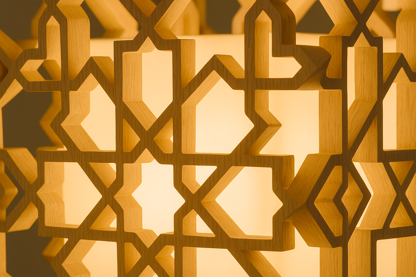 An Andalusian, Moorish, Arabesque, Hardwood Islamic Pattern Lamp glowing with warm white LED Bulb light. Islamic Lamp, Islamic Lamps, Wooden.