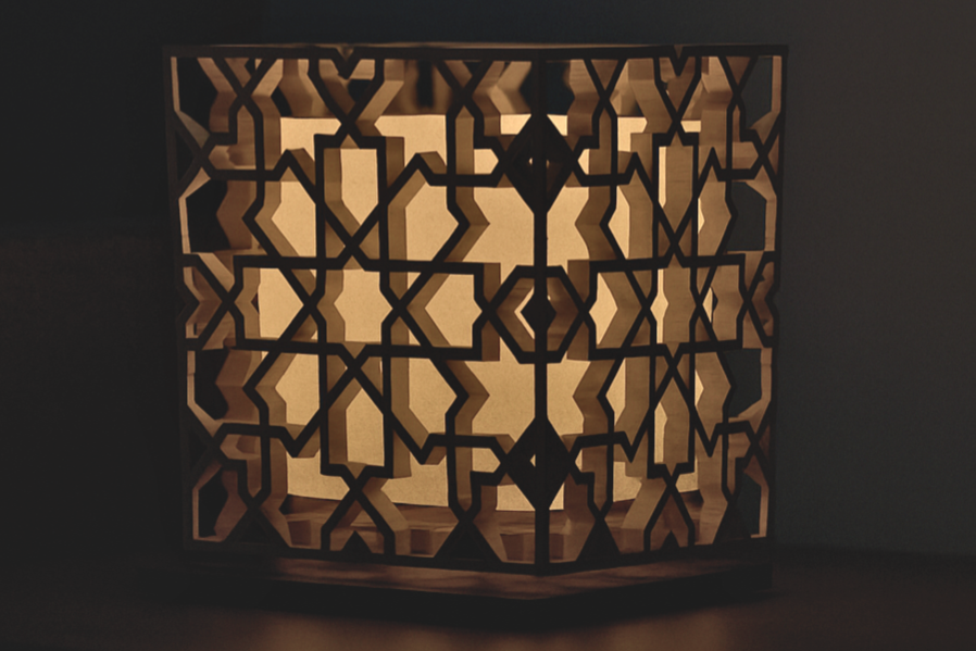 An Andalusian, Moorish, Arabesque, Hardwood Islamic Pattern Lamp glowing with warm white LED Bulb light. Islamic Lamp, Islamic Lamps, Wooden.