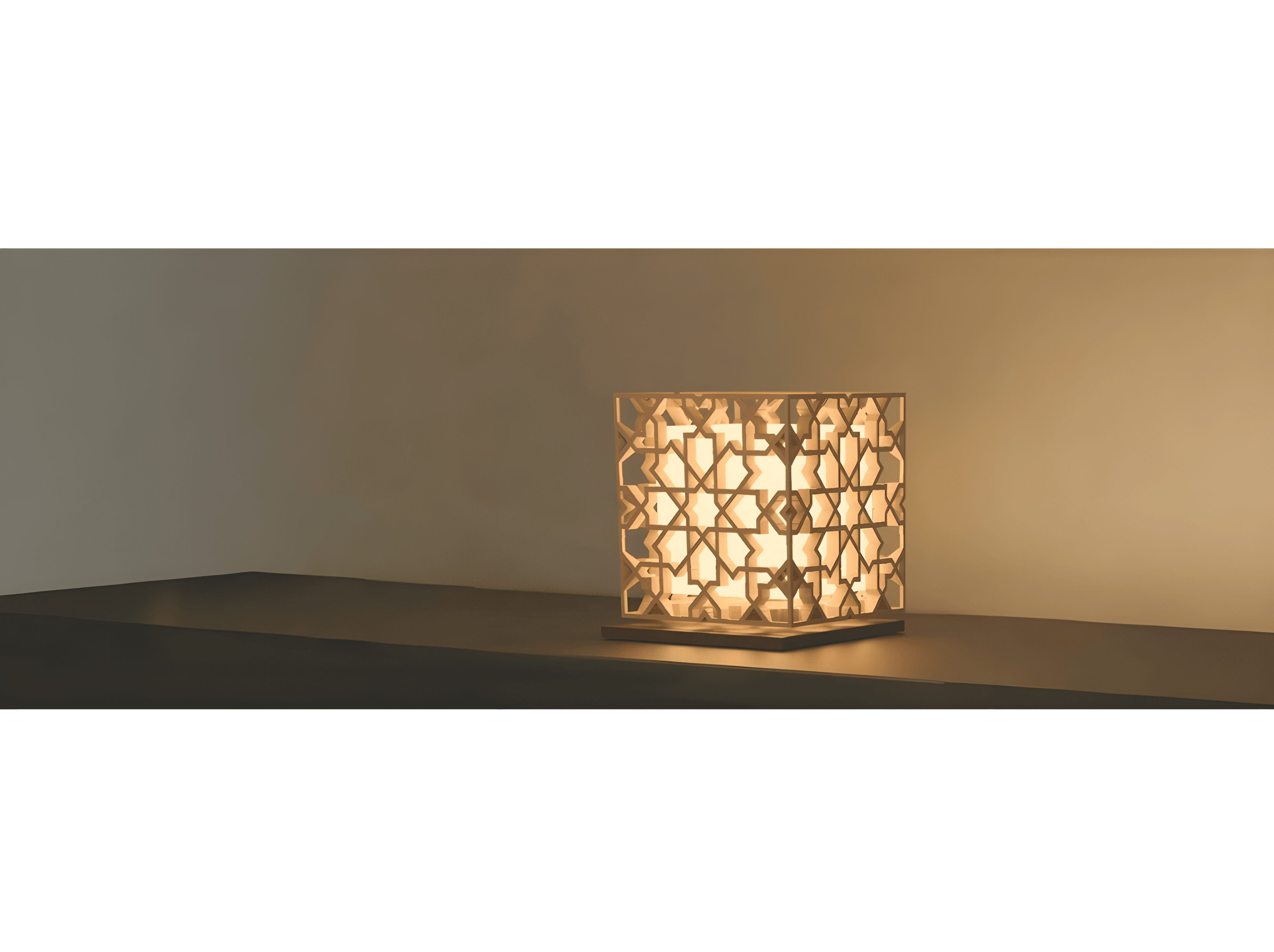 An Andalusian, Moorish, Arabesque, Hardwood Islamic Pattern Lamp glowing with warm white LED Bulb light on a side console table living room. Islamic Lamp, Islamic Lamps, Wooden.