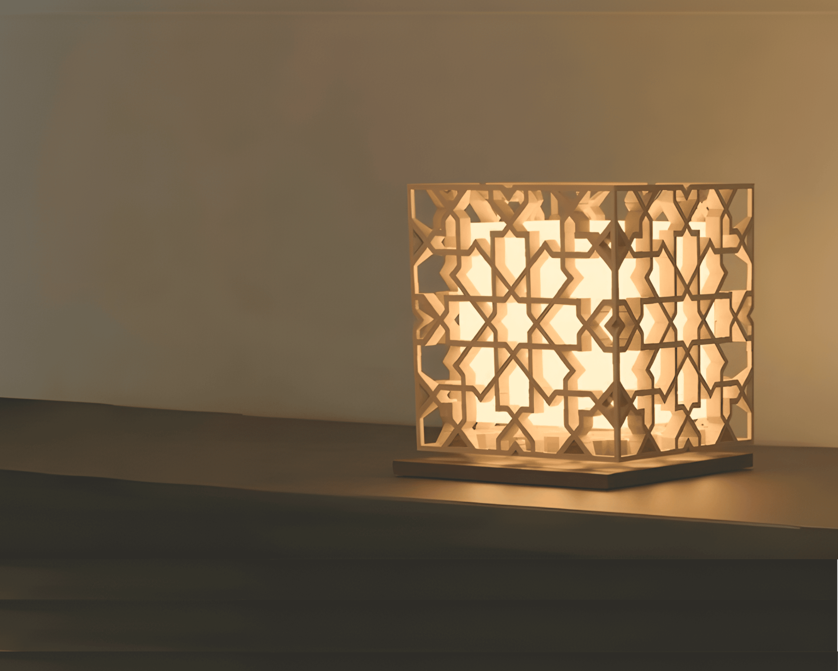 An Andalusian, Moorish, Arabesque, Hardwood Islamic Pattern Lamp glowing with warm white LED Bulb light, on a table. Islamic Lamp, Islamic Lamps, Wooden.
