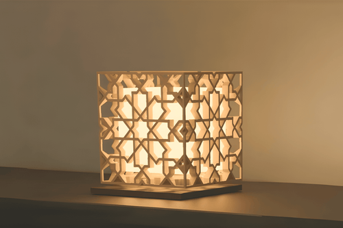 An Andalusian, Moorish, Arabesque, Hardwood Islamic Pattern Lamp glowing with warm white LED Bulb light. Islamic Lamp, Islamic Lamps, Wooden.